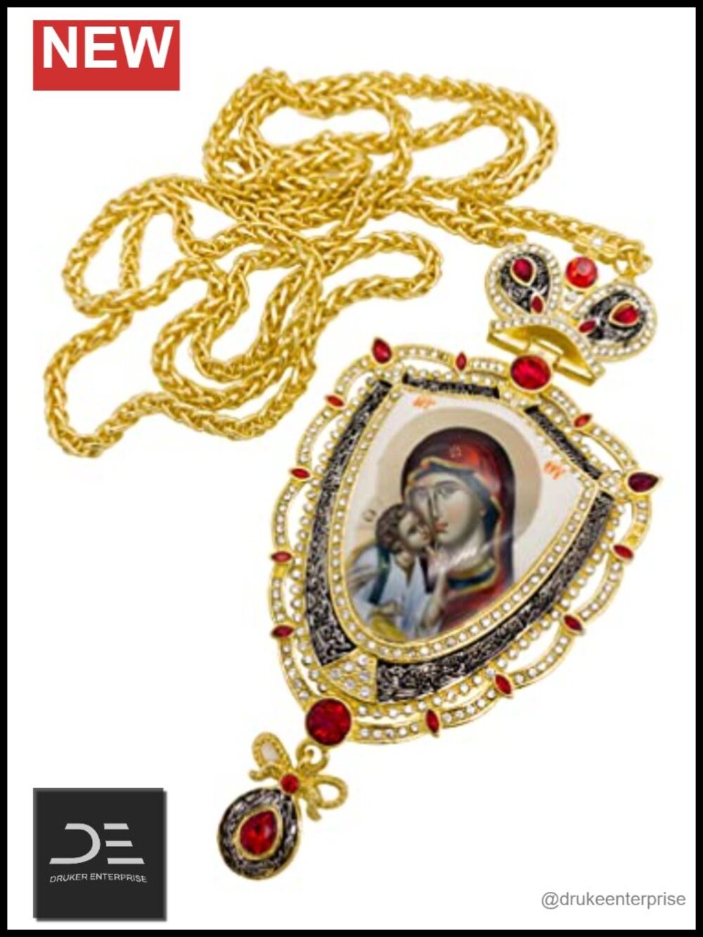 Nazareth Store Holy Mary Pectoral Cross Necklace Red Crystals Gold Silver